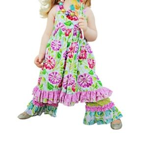 Lolly Wolly Doodle Floral Dress tie neck with Matching Ruffle Pants Sz 6 Girls